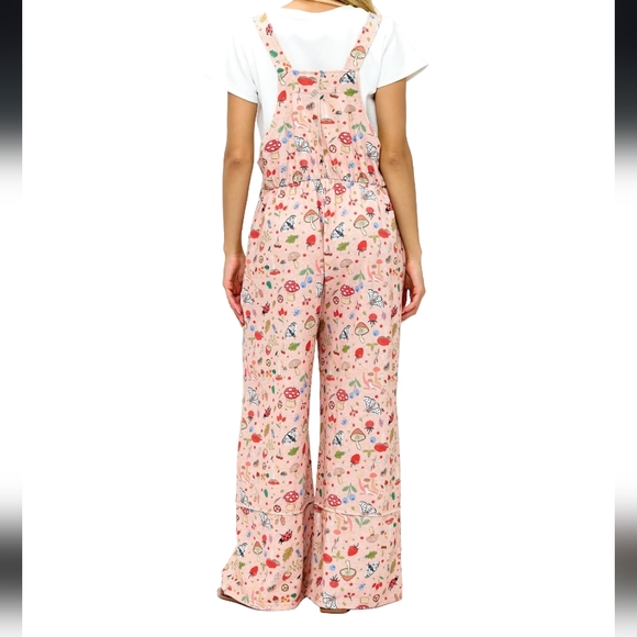 👜Cute Whimsical Mushroom And Bug Print Pink Overalls, Wide Leg - Picture 4 of 5